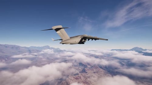 Military Transport Aircraft Flying Above Clouds and Mountains 3D Animation
