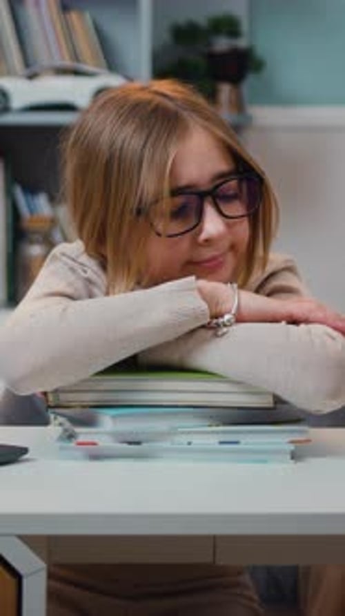 Tired Schoolgirl Sitting at Table Home Preteen Girl Thinking About Solving School Lesson Exams Among