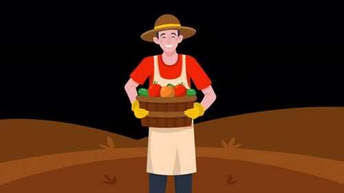 Farmer Holding A Fruit And Vegetable Basket 4K On Alpha Channel