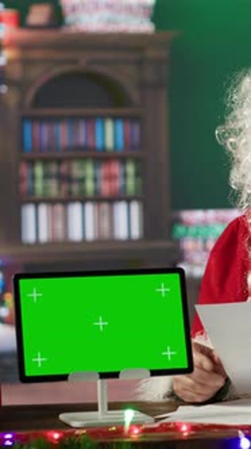 Vertical Video Santa Claus Checking His Naughty or Nice List Next to Isolated Mockup