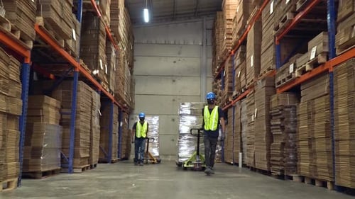 Two workers inside a warehouse, carrying pallets loaded with carton boxes. A distribution center; st