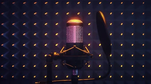 Close-Up of Studio Microphone With Pop Filter and Colorful Acoustic Wall