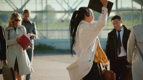 Cheerful Businesswoman at the Airport Departure Lounge Ready for Her Exciting Journey Ahead