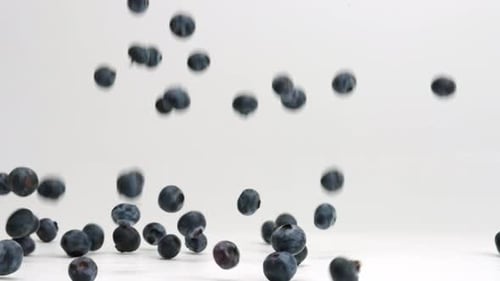 Blueberries falling and bouncing in slow motion onto white studio backdrop in 4k