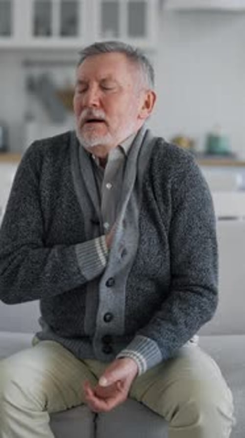 Heart Attack of Aged Male Person Portrait of Old Man Feeling Sharp Pain in Upper Quadrant Vertical
