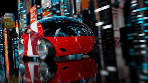Futuristic Red Car Driving Through a Neon Cyber City