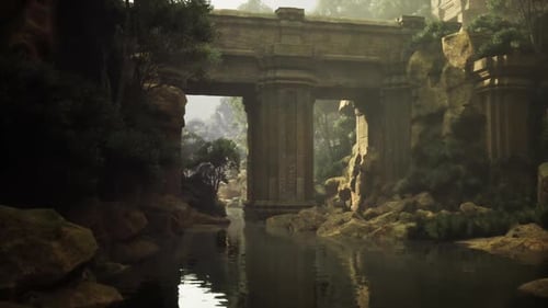 Historic Mossdraped Bridge Mirrored in Tranquil Water Amidst Foggy Trees