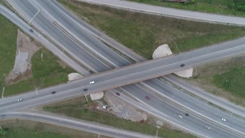 Aerial Top Down View of Highway Interchange Junction Road with Traffic