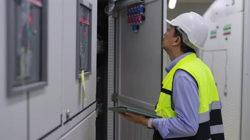 4K Asian man engineer working at factory server electric control panel room.