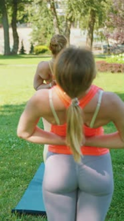 Vertical Screen Women Practicing Backbend Pose in Yoga Class in Park