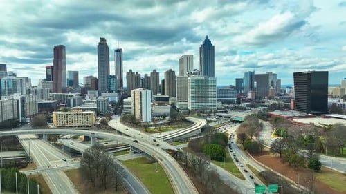 City Landmarks With High-Rise Buildings And Motorways In Atlanta, Georgia, United States. Aerial Dro