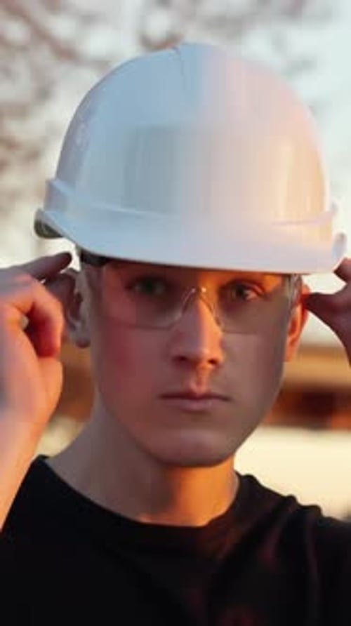 Young caucasian environment inspector adjusting safety glasses and a hard hat, representing safety