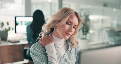 Woman, neck pain and stress with injury in office by computer with deadline for project at media