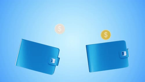 Coins fly from wallet to wallet Animation. Money transfer. Income. Budget distribution. Credit. Rece