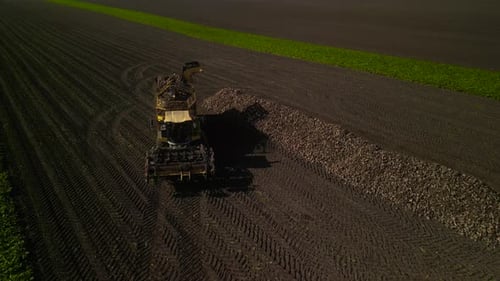 Combine harvesting sugar beet aerial view