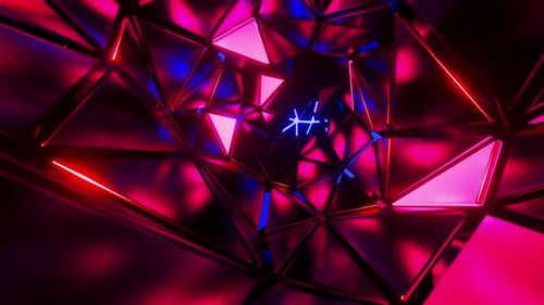 Flight through a tunnel of glowing triangles. Looped animation