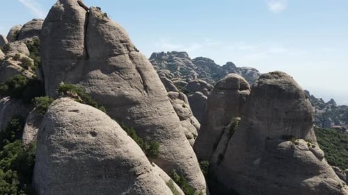 Aerial views of Montserrat peaks, a mountain range in Catalonia