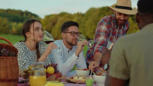 Friends Enjoying Wine and Food at Sunny Picnic