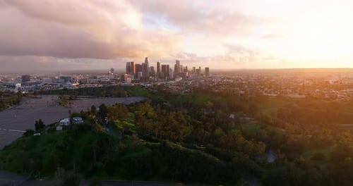 Aerial of downtown Los Angeles in dawn.