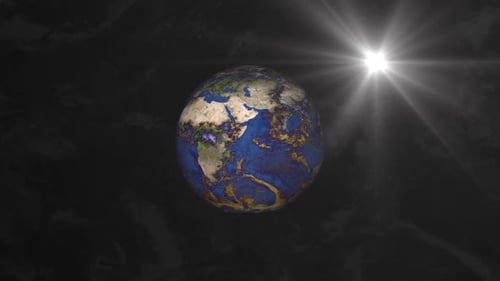 Rotating 3D Earth Globe with Bright Sun Flare in Space