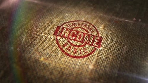 Universal Basic Income sign stamp on linen sack