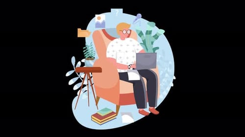 Cozy Home Office Illustration: A Young Man Working Remotely in a Modern Setting