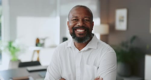 Happy, confident and face of black man in office with legal corporate project with career
