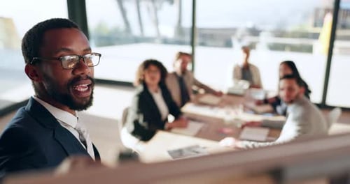 Business people, workshop and black man with presentation, brainstorming