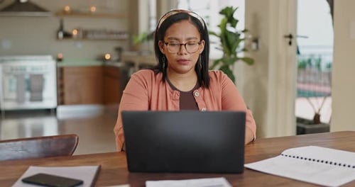 Woman, headache and laptop for work from home stress, confused and doubt with financial mistake