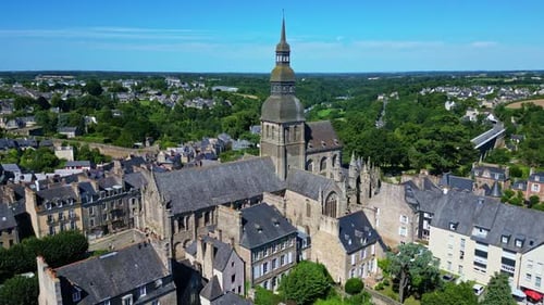 Saint Sauveur basilica, Dinan, France. Aerial drone view and sky for copy space