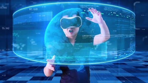 Virtual Reality User Interacting with Futuristic Holographic Data Interface