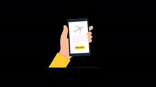 Flat Design Hand Booking Flight via Smartphone App