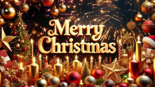 Merry Christmas Text with Festive Decorations and Glitter