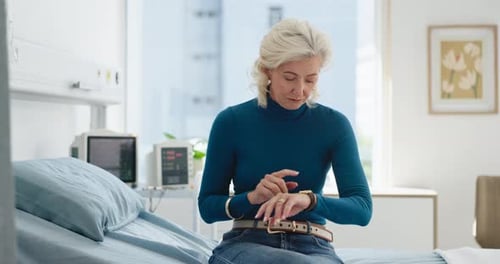 Time, waiting or old woman in hospital, thinking or nervous with appointment