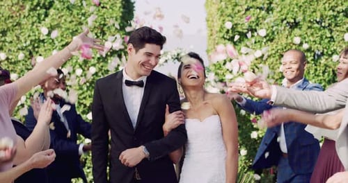 Bride and Groom Celebrate Wedding With Guests