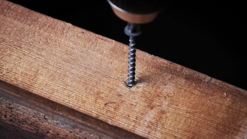 The Screw is Screwed Into the Wood Board with a Screwdriver Extreme Macro