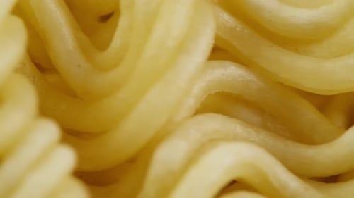 Closeup of Instant Noodles Texture Asian Fast Food with Meat and Spices Instant Noodles or Instant