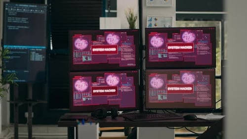 System Hacked Messages Displayed on Computer Monitors