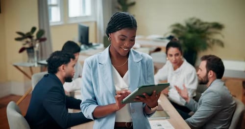 Smile, tablet and business woman in office, reading email or typing on risk management forum