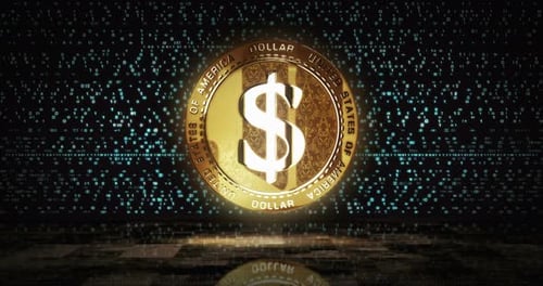 Dollar USD currency golden coin loop on digital screen