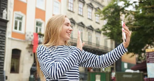 Attractive Caucasian Woman Calling Friend Family Using Smartphone in City Young Female Lady Video