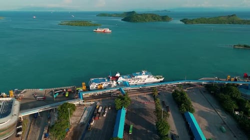 Aerial view of ships at Bakauheni port, Indonesia.