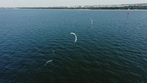 Kitesurfers Gliding Across Water Near City Coastline
