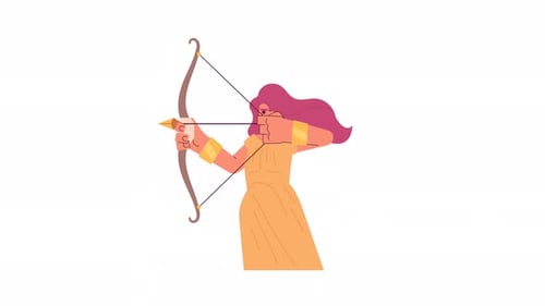 Woman with waving hair shooting from bow 2D character animation