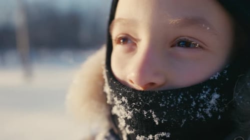 Little Boy Walks in the Snow in Winter Portrait Walking Kid Family Hiking in Winter Forest Beautiful