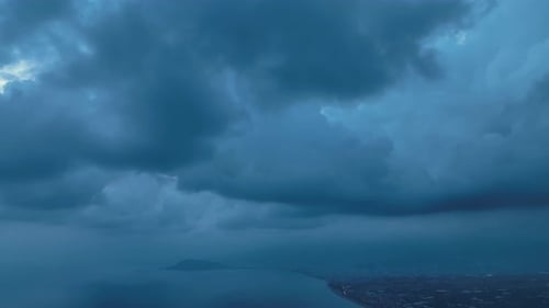 Dramatic Color Sunset Above Sea Aerial View 4 K