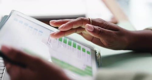 Hands, tablet and screen with graphs, statistics and review for company sales