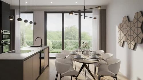 Kitchen-dining room, room in a modern minimalist style. Open space. 3D rendering.