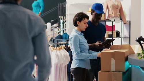 Funcionários verificando caixas de papelão