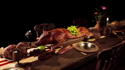 Traditional Feast Table with Roasted Pig and Chicken Display